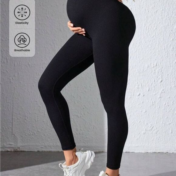 Maternity Black Rib  Leggings - Picture 1 of 2